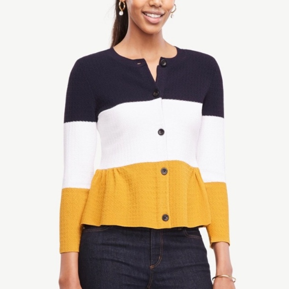 Ann Taylor Peplum Striped Front Button Cardigan